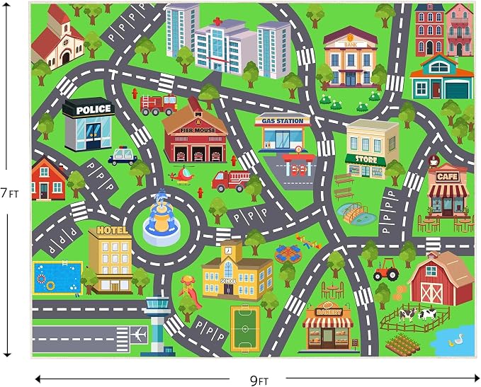 Kids Room Rug - Soft & Non-Slip 7x9 Ft Town Car Rug City Map Play Mat, - Image 2