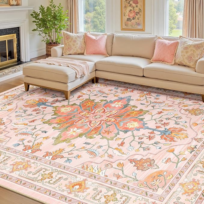RELEANY Area Rugs 7'x10' Washable Non-Slip, Floral Vintage Distress Medallion by RELEANY