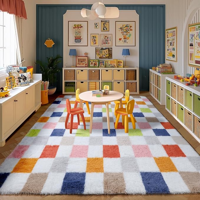 KICMOR Large Area Rugs 8x10 for Living Room, Fluffy Soft Rainbow Checkered Shag - Image 5