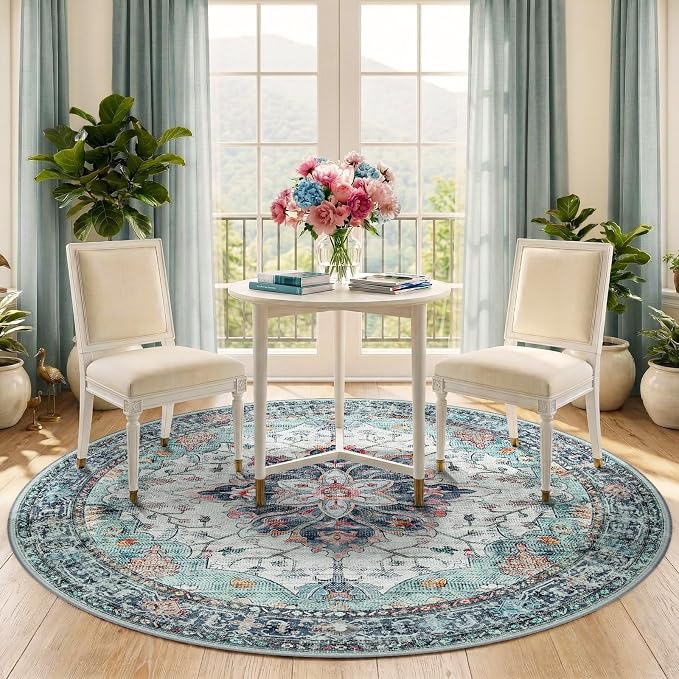 RELEANY Area Rugs Round 5ft Washable Non-Slip, Floral Vintage Distress - Image 2