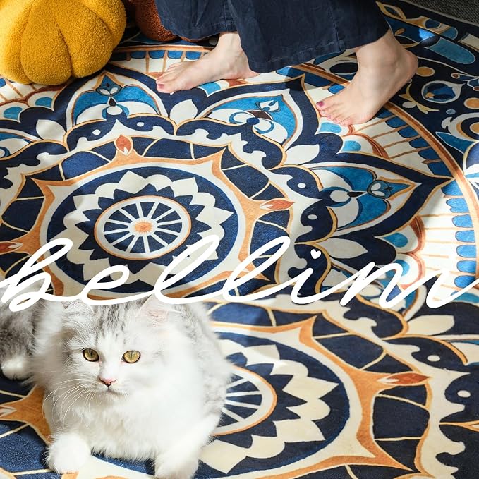 jinchan Mandala Round Rug 7ft Blue Boho Washable Rug Moroccan 7' Round Modern - Image 3