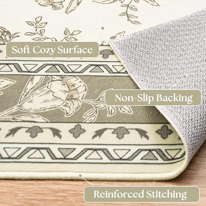 Boho Dining Room Rugs for Under Table 7x9 Washable Taupe Cream Beige Tan Floral - Image 3