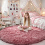 Blush Pink Big Round Rug 7Ft for Kids Bedroom, Fluffy Fuzzy Furry Circle Area by Amdrebio