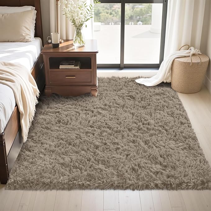 4x6 Area Rug for Living Room:Ultra Soft Fluffy Shag Grey Camel Rugs, Large - Image 2