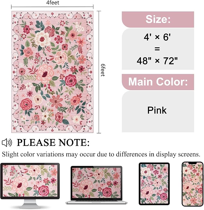 DUKINO 4x6 Area Rug, Floral Rugs - Image 2