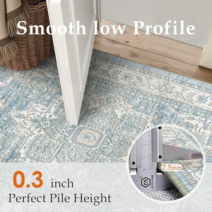 2x8 Washable Vintage Runner Rug Blue Oriental Hallway Kitchen Throw Rug Neutral - Image 5