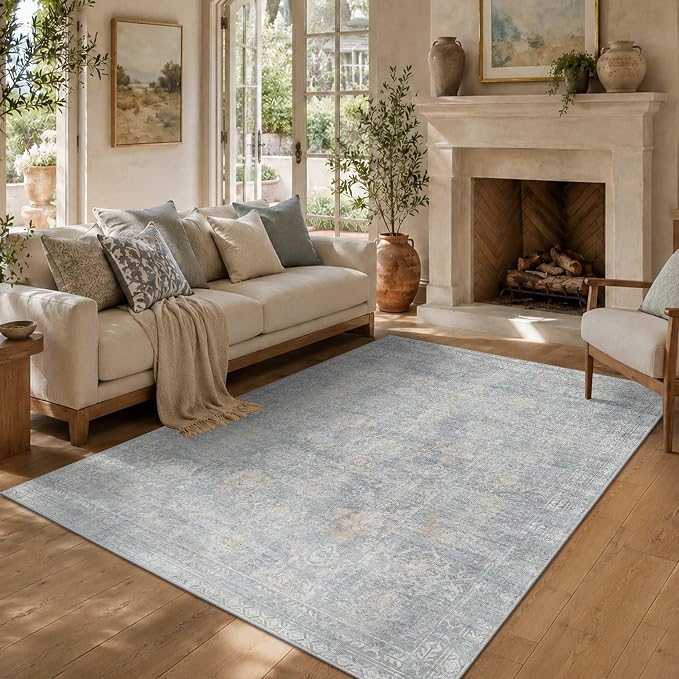 Rugxara 5x7 Area Rugs for Living Room Bedroom, Washable Blue Rug, Vintage - Image 4