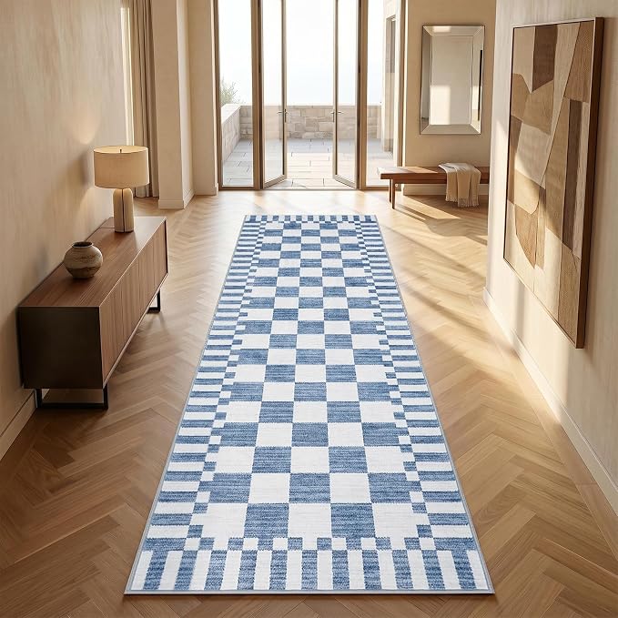 GarveeHome 2.5×8 Kitchen Runner Rug Non Slip, Dark Blue Checkered Rug, Washable - Image 2