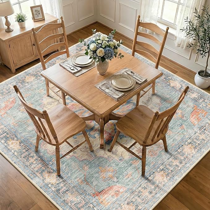 RELEANY Area Rugs Square 8ft Washable Non-Slip, Floral Vintage Distress - Image 2