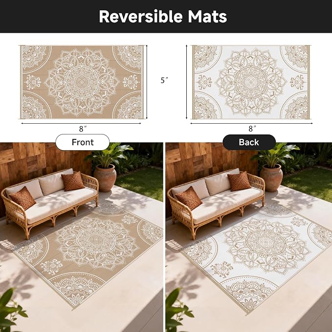 Pauwer Waterproof Outdoor Rug 5x8, Reversible Plastic Straw Patio Camping Rug - Image 2