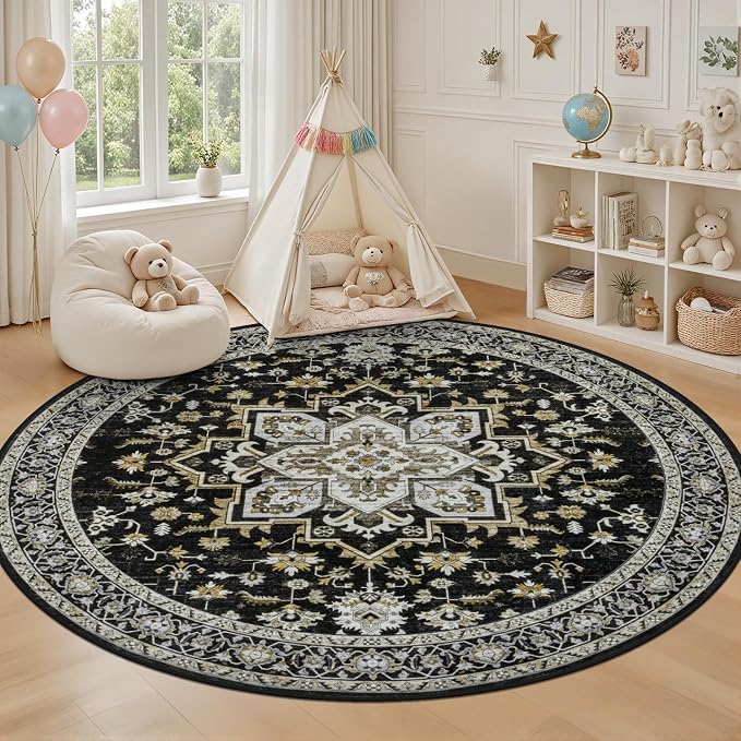 Round Area Rug for Living Room: 6ft Washable Vintage Boho Soft Thin Circle Rug - Image 5