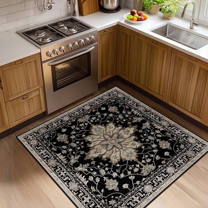 RELEANY Area Rugs Square 4ft Washable Non-Slip, Floral Vintage Distress by RELEANY
