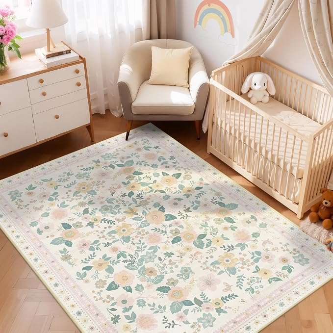 5x7 Area Rugs for Living Room Vacuum-Friendly Machine Washable Area Rug Flower - Image 8