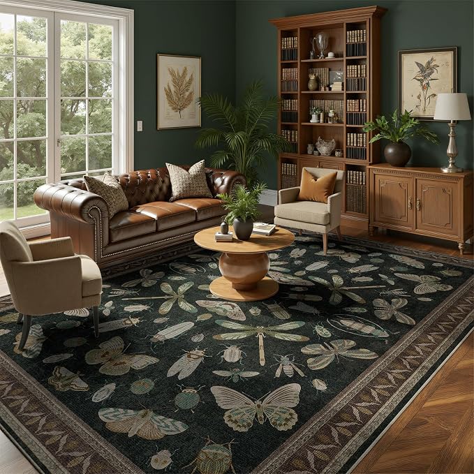 DCX 8x10 Washable Insect Rug, Vintage Gothic Black Rug - Image 2