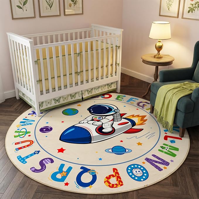 Washable Alphabet ABC Round Rug 3.4ft, Kids Astronaut Space Circle Carpet - Image 2