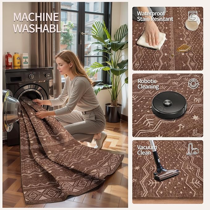 SERISSA 5x7 Area Rugs for Living Room, Washable Non-Slip Coffee Brown Boho Rug - Image 3