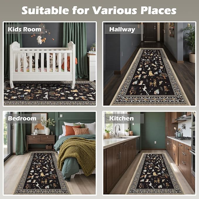 Black Floral Dog Rug Runner, 2x4 Washable Kitchen Mat Ultra-Thin Soft, Non-Slip - Image 5