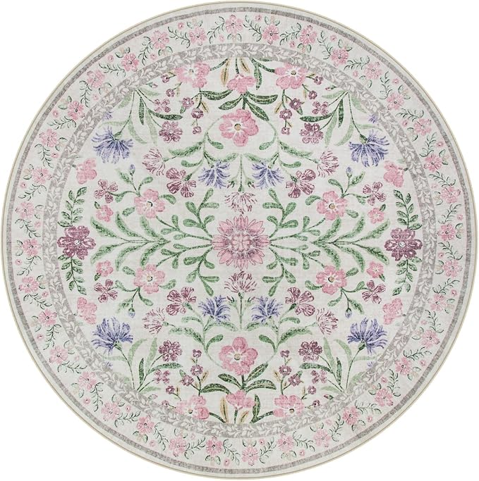 Wonnitar Floral Washable Round Rugs 6ft, Ultra-Thin Non Slip Boho Carpet - Image 8