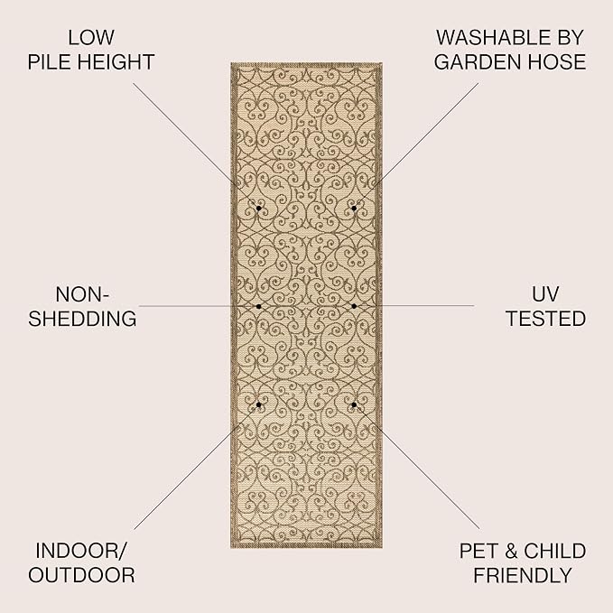 JONATHAN Y Vintage Filigree Indoor Outdoor Runner Rug 2X8 Beige/Brown, Madrid - Image 2