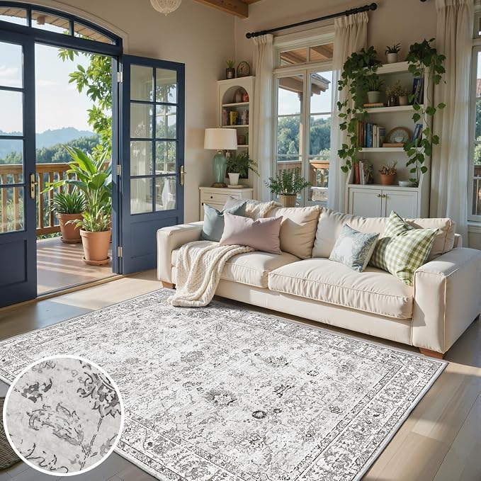 Floral Washable 6x9 Area Rug, Soft Grey White Bedroom Rug - Image 3