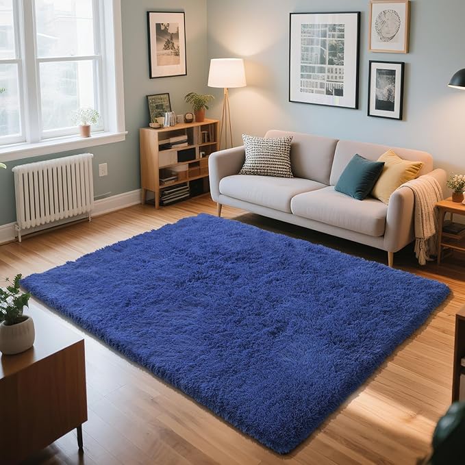 Blue Fluffy Rug Shag Area Rug, 5x8 Area Rugs - Image 2