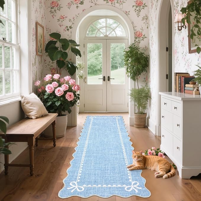 GarveeHome Scalloped Bow Rug for Living Room, Solid Blue Rug for Dorm, Washable - Image 8
