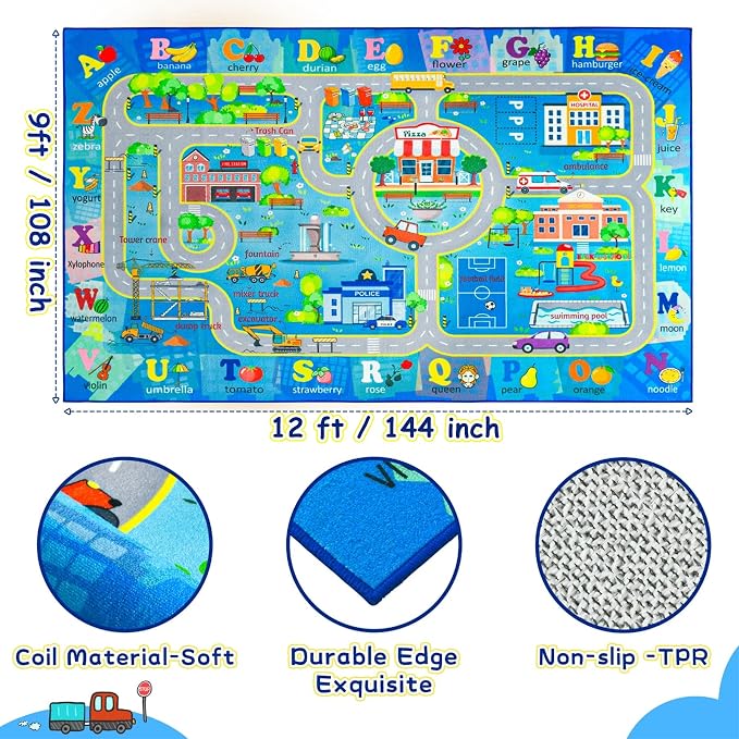 Chicrug 9x12 Car Road Area Rug for Kids Playroom Bedroom, Non Slip Low Pile - Image 3