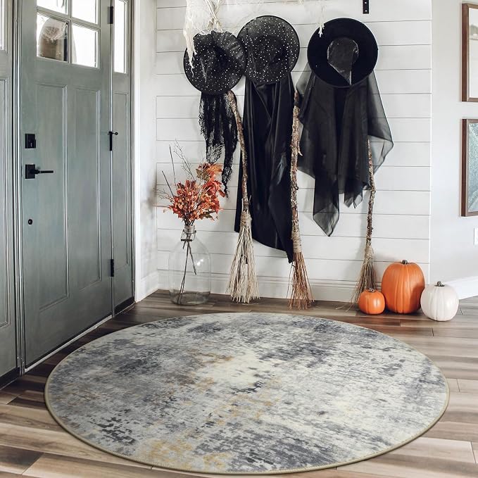 Lahome Modern Abstract Round Rug - 4Ft Grey Small Bathroom Rug Indoor 4x4 - Image 3