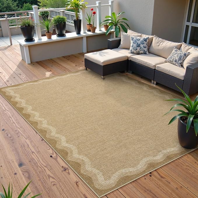 LIVEBOX Scalloped Washable Outdoor 5x7 Rug, Easy Jute Tan Rug - Image 2