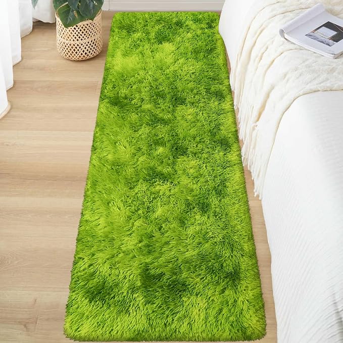 Grass Green Tie-Dyed Rug 2x6 ft Plush High Pile Shag Carpet Fluffy Soft Runner by TENNOLA