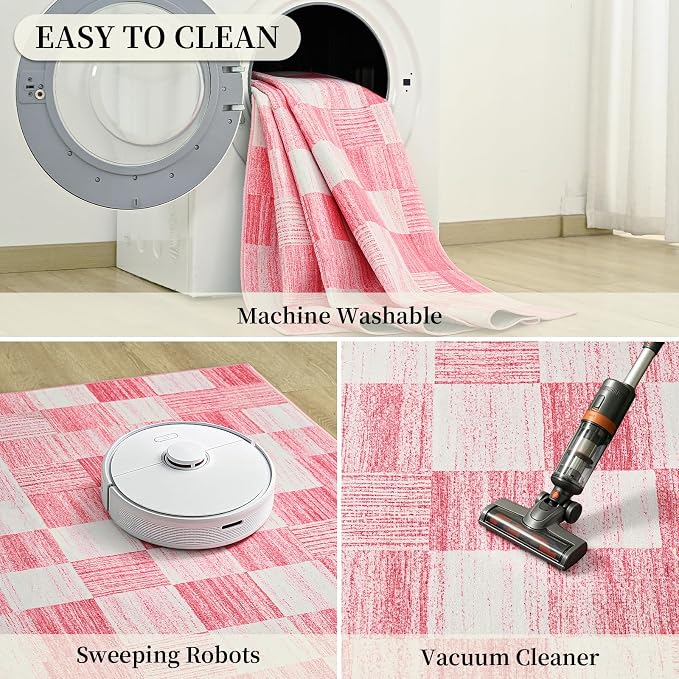 Terrug Pink Runner Rugs for Kitchen, 2x6 Checkered Area Rug Washable - Image 7