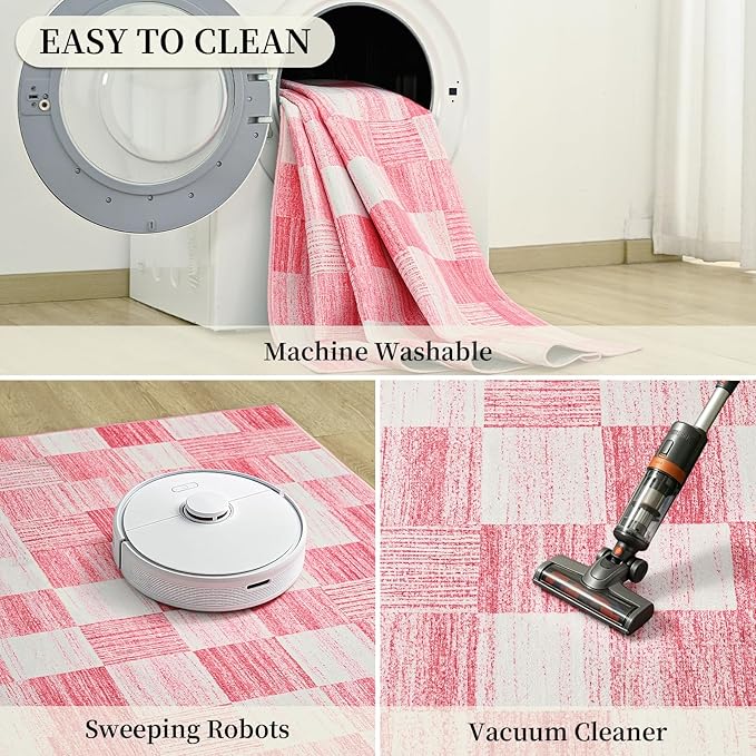 Terrug Pink Checkered Rug for Bedroom, 4x6 Area Rugs Washable - Image 6