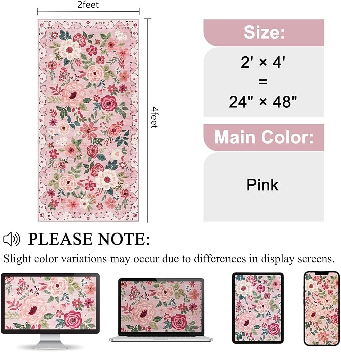 DUKINO 2x4 Rug for Entryway, Washable Kitchen Floral Runner Rug - Image 2