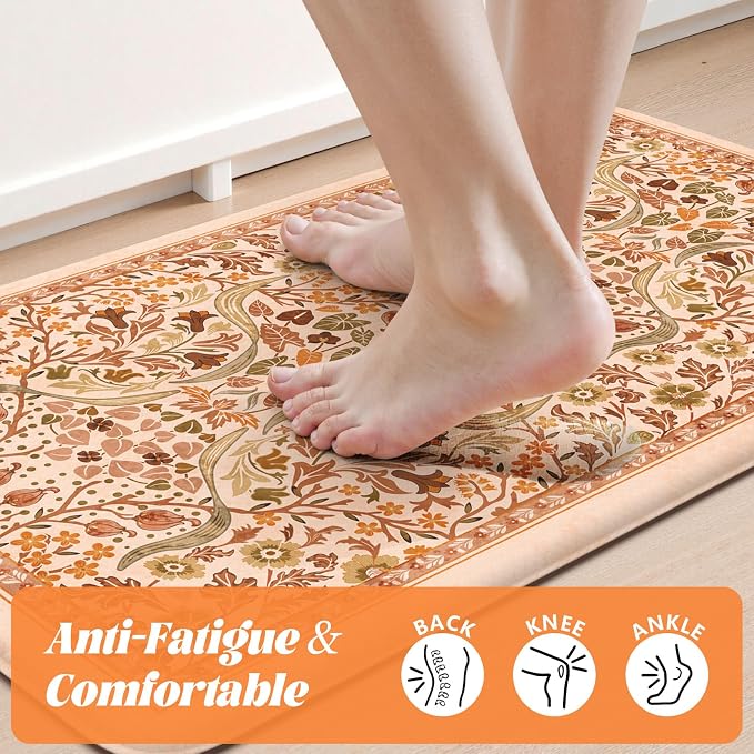 Collive Fall Orange Floral Kitchen Mats, Cushioned Anti Fatigue Kitchen Rug Set - Image 3