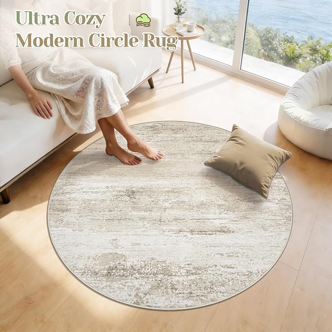 Washable Round Rug 4ft for Bedroom: Circle Neutral Soft Rug Abstract Non Slip - Image 5