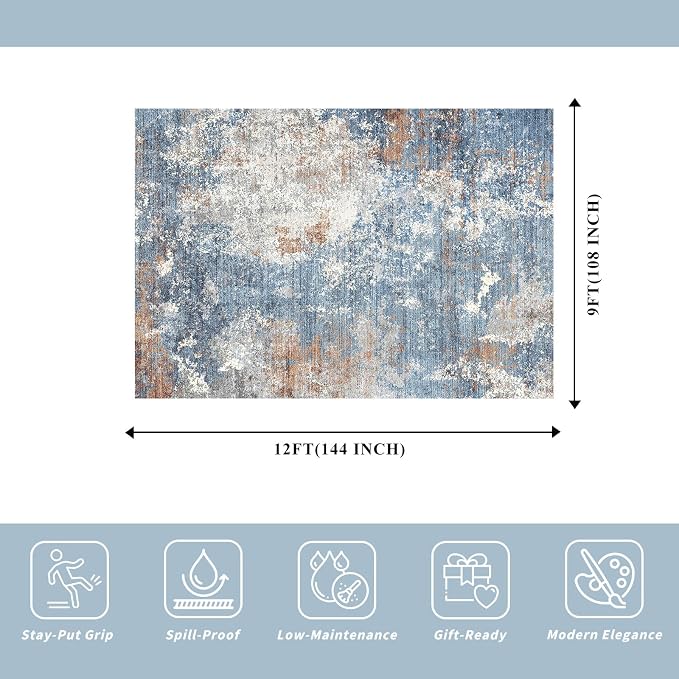 Washable Area Rug 9x12 Living Room – Neutral Modern Abstract Large Carpet - Image 2
