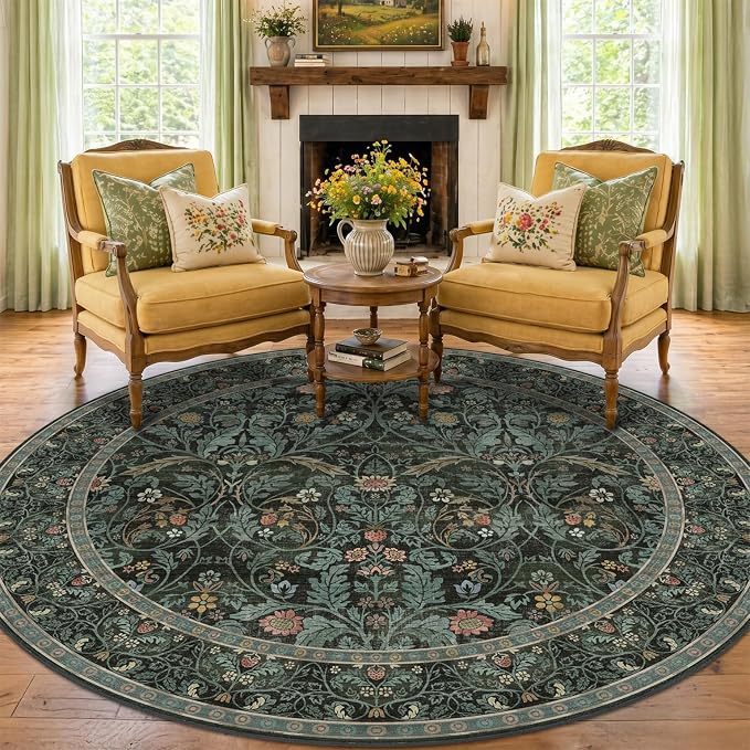 8ft Round Rug for Living Room, Dark Green Vintage Botanical Floral Large Circle by Evyhood