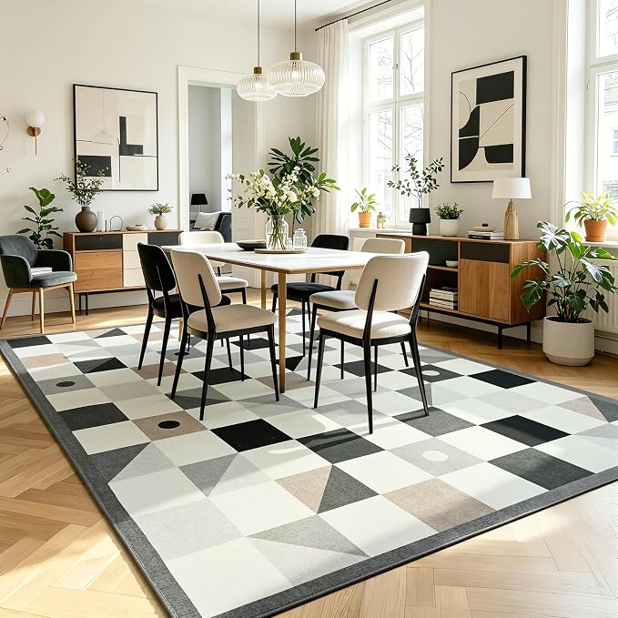 Terrug Grey and Beige Geometric Checkered Rug - Image 2