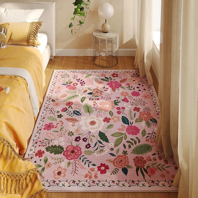 Rugcomf Area Rug 4x6 Rug Washable Boho Rugs Non Slip Low Pile Floral Small - Image 3