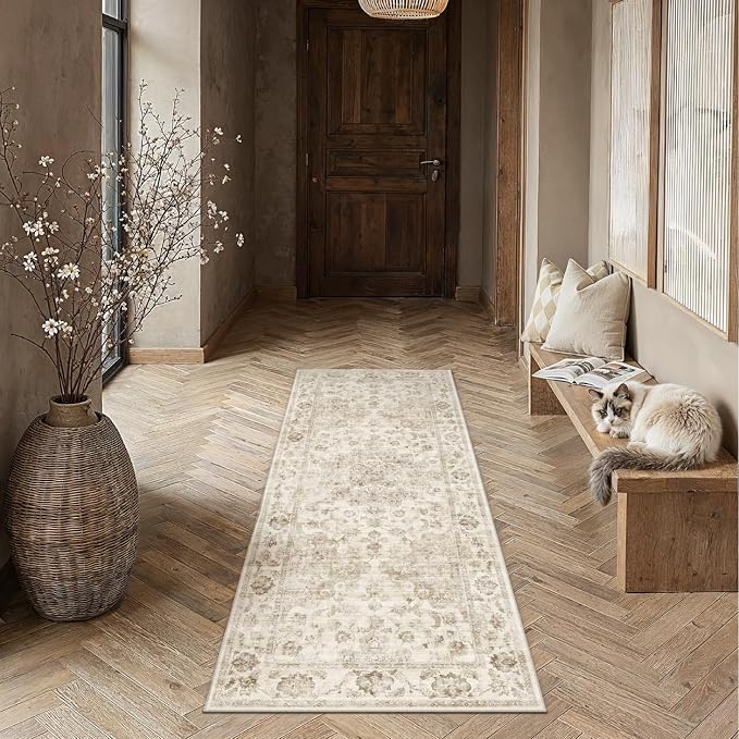 Neutral Kitchen Rug Set of 3 Washable Beige Vintage Kitchen Mats - Image 2
