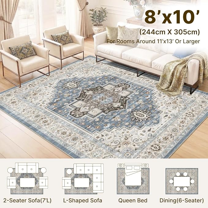 8x10 Area Rug for Living Room-Vintage Farmhouse Boho Floral Washable Stain - Image 2