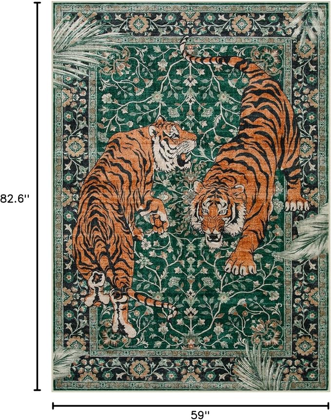 Moynesa Tiger 5x7 Area Rug, Boho Washable Living Room Rug, Non Slip Green Rugs - Image 2
