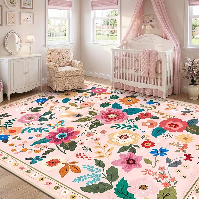 RELEANY Floral 7x9 Area Rugs Washable Print Boho Cute Carpet Non Slip Flower - Image 2