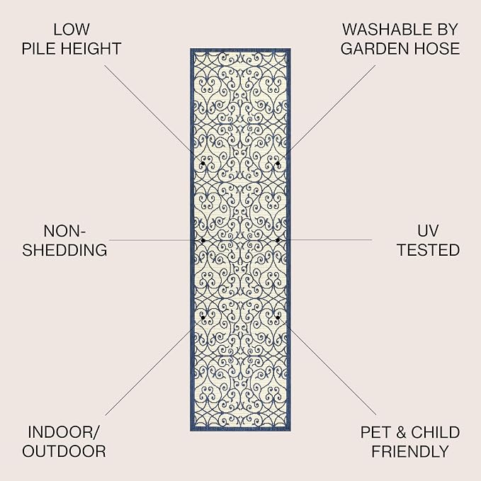 JONATHAN Y Vintage Filigree Indoor Outdoor Runner Rug 2X8 Navy/Beige, Madrid - Image 2