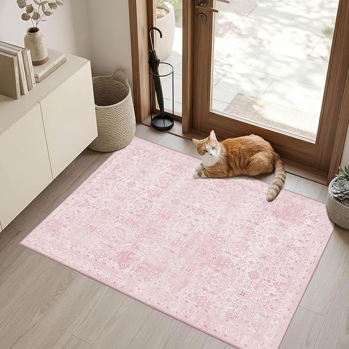Rugxara 2x3 Entryway Rug Door Mat, Washable Boho Pink Samll Entry Rug, Non Slip - Image 3