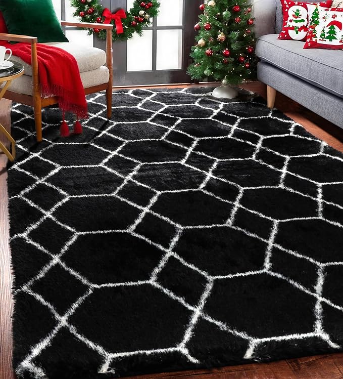 ONASAR 5x7 Area Rugs for Living Room Bedroom, Fluffy Black and White Rug - Image 7