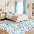 Scalloped Blue Floral Rug 6x9, Washable Soft Faux Wool Area Rug - Image 2