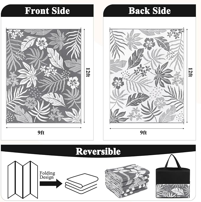 Pauwer Waterproof Outdoor Rug 9x12, Reversible Plastic Straw Patio Camping Rug - Image 2