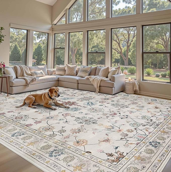 Rugxara 9x12 Rugs for Living Room & Bedroom, Floral Washable Rug, Boho Area Rug - Image 3