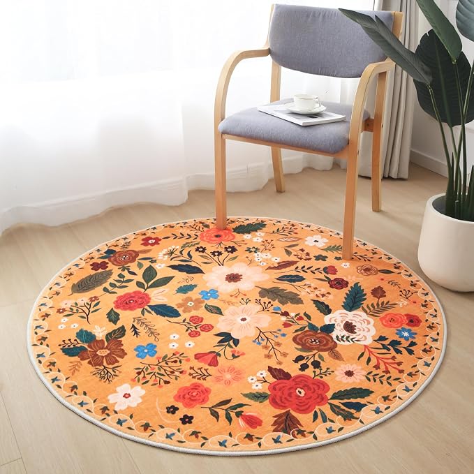 Rugcomf Round Rug 4ft Washable Circle Rug Non Slip Low Pile Boho Floral Small - Image 6